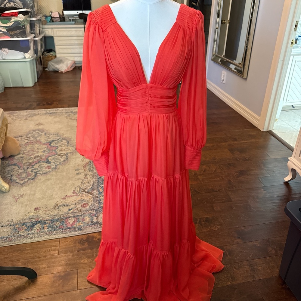 Red Long-Sleeve V-Neck Tiered Maxi Dress